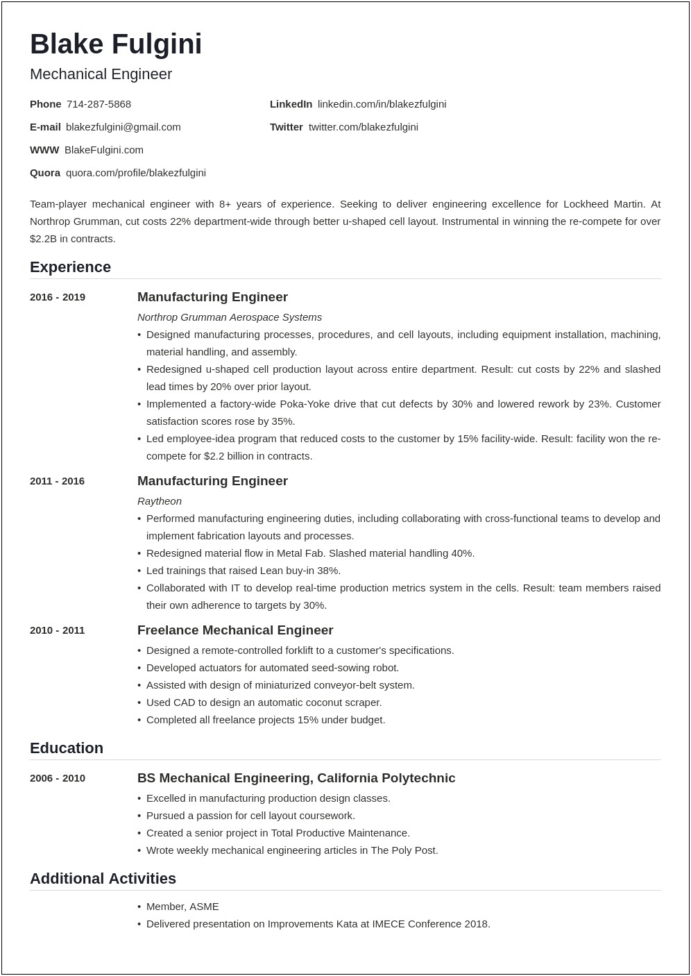 Sample Resume For Mechanical Design Engineer With Experience