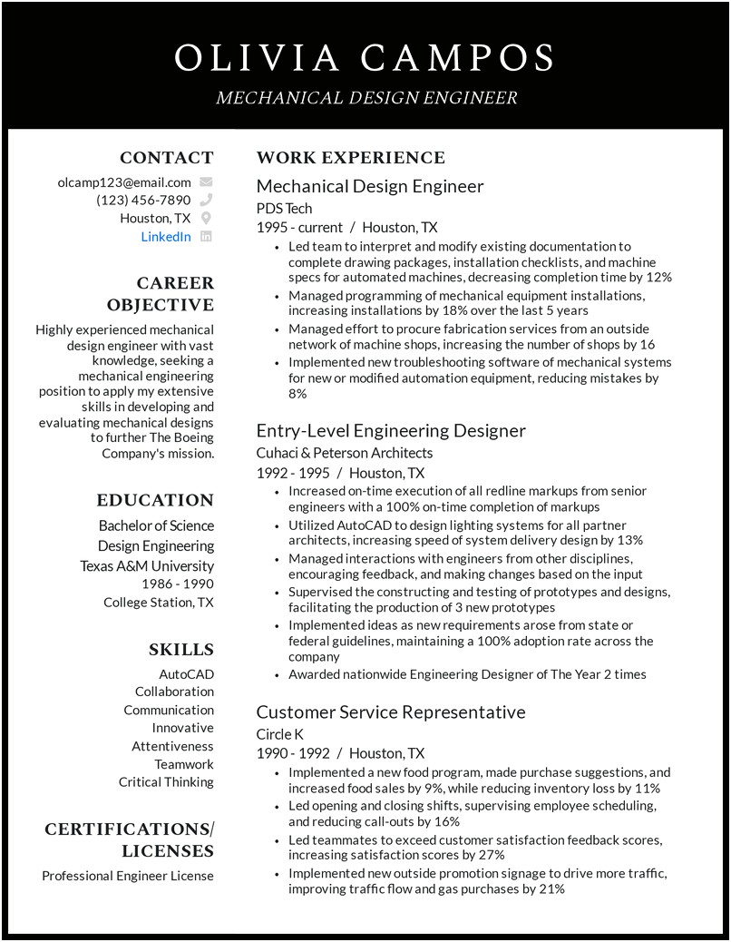 Sample Resume For Mechanical Engineer Professional