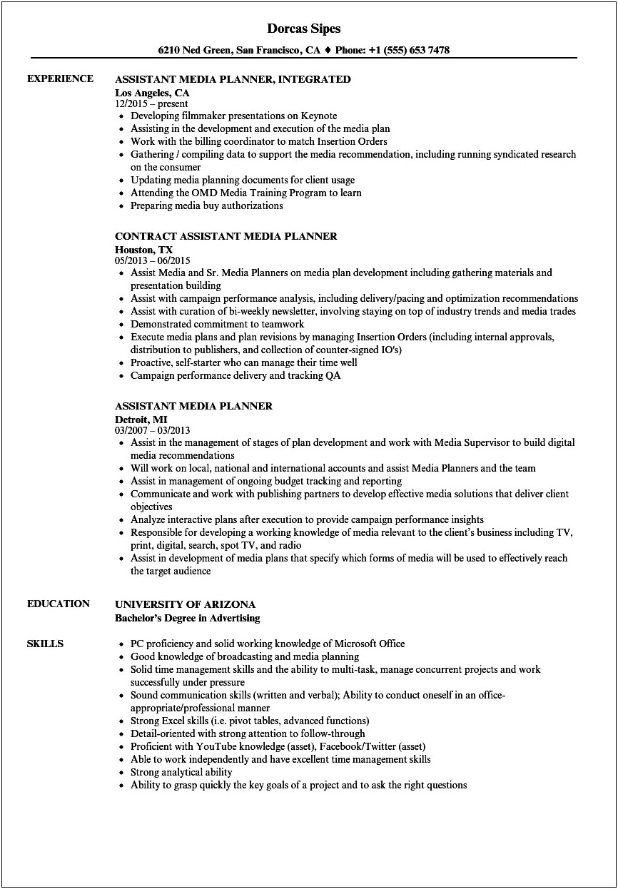 Sample Resume For Media Planning Jobs