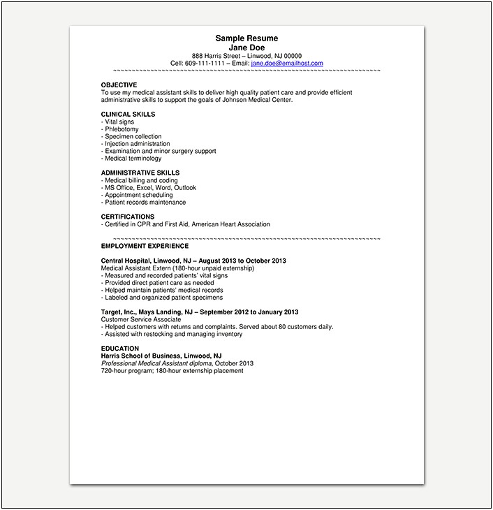 Sample Resume For Medical Assistant Externship
