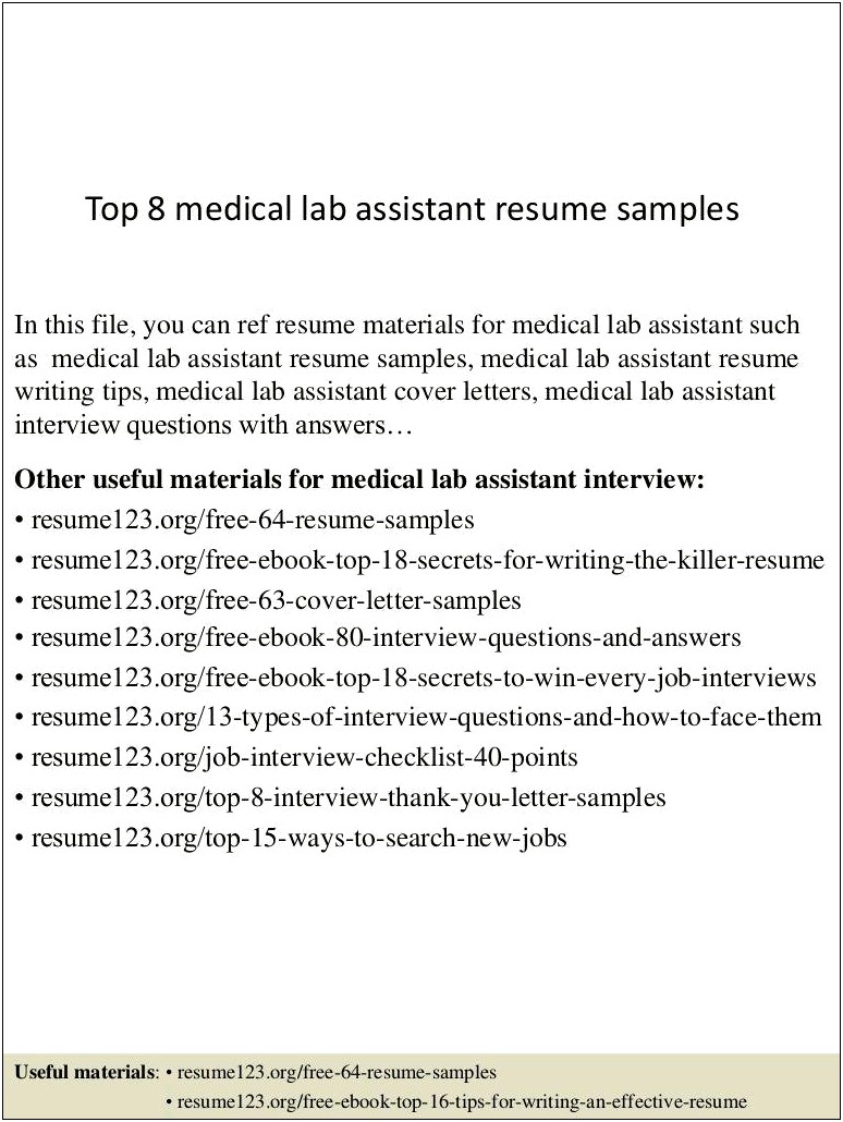 Sample Resume For Medical Lab Assistant