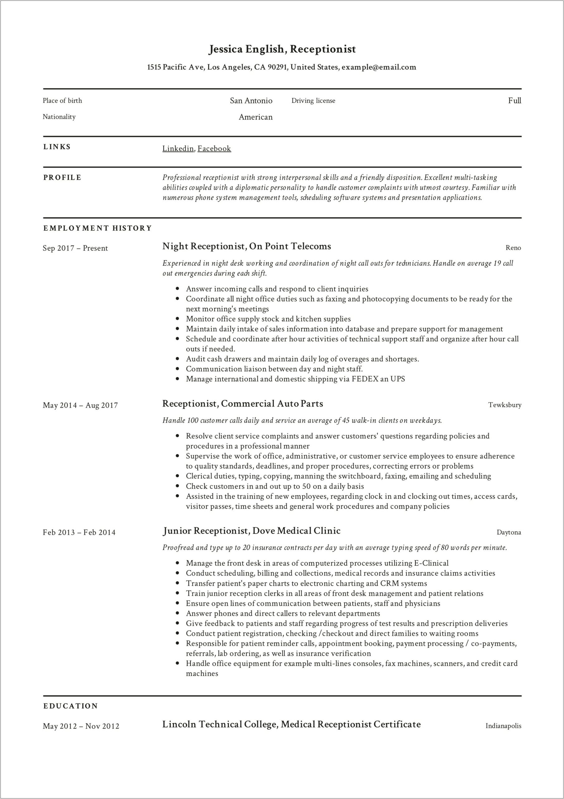 Sample Resume For Medical Receptionist With No Experience