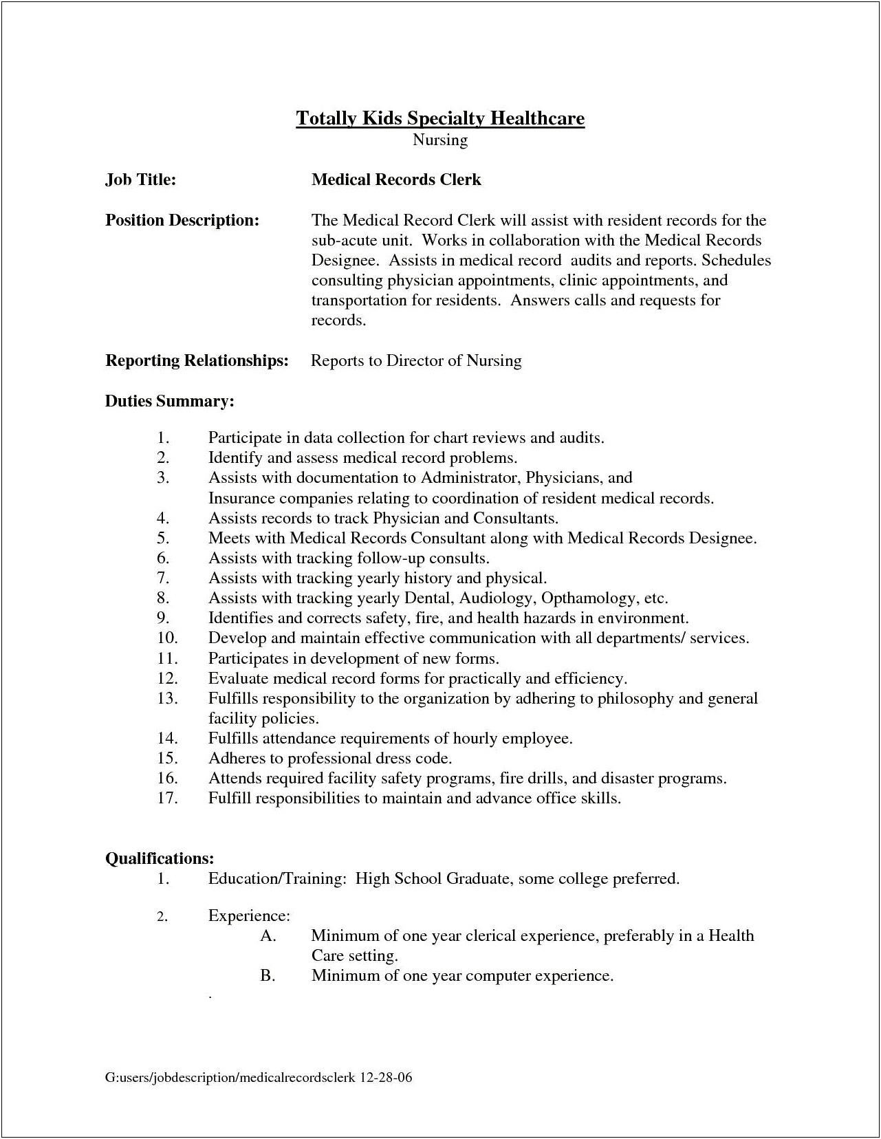Sample Resume For Medical Records Administrator