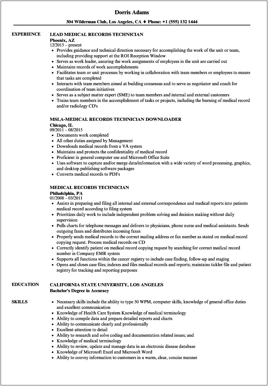 Sample Resume For Medical Records Director