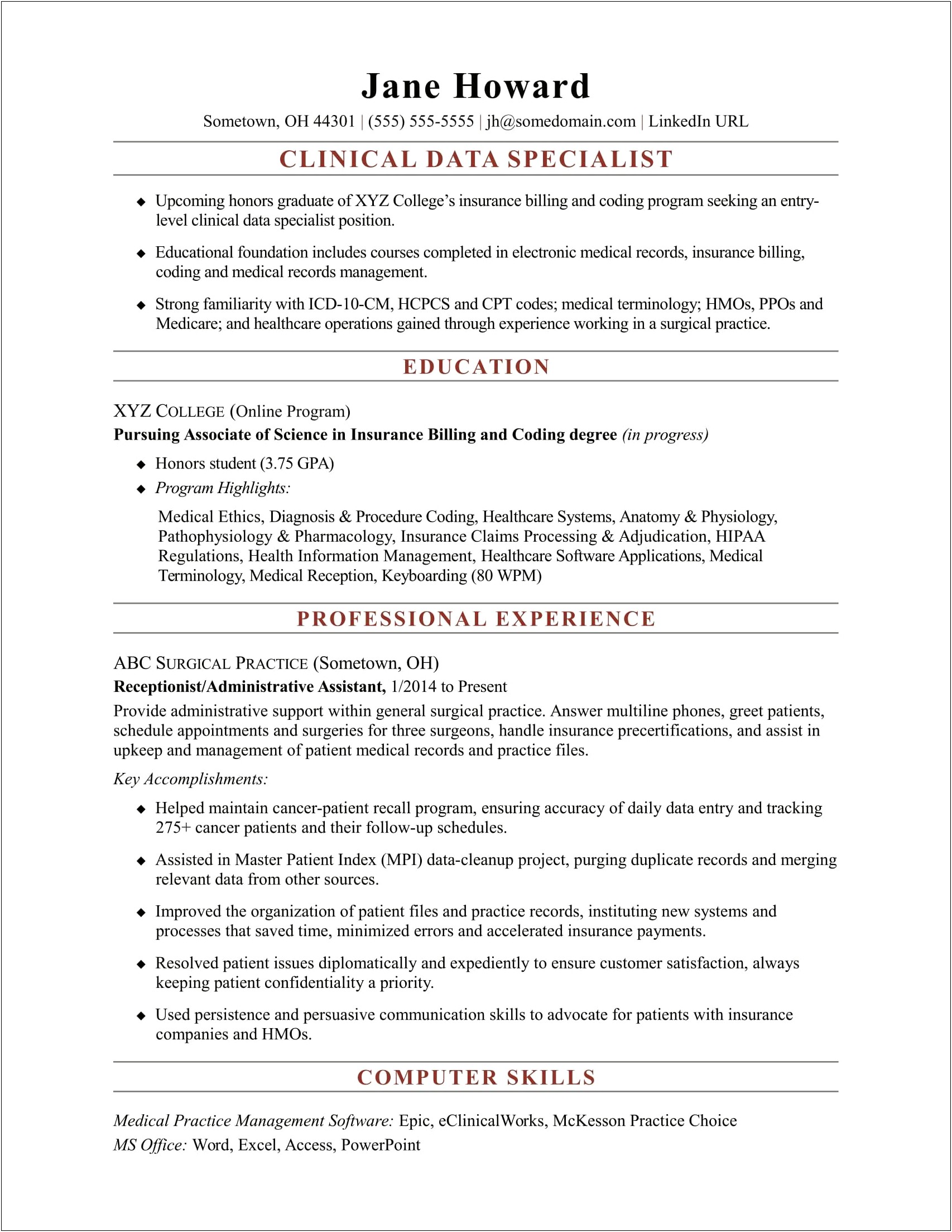 Sample Resume For Medical Records File Clerk