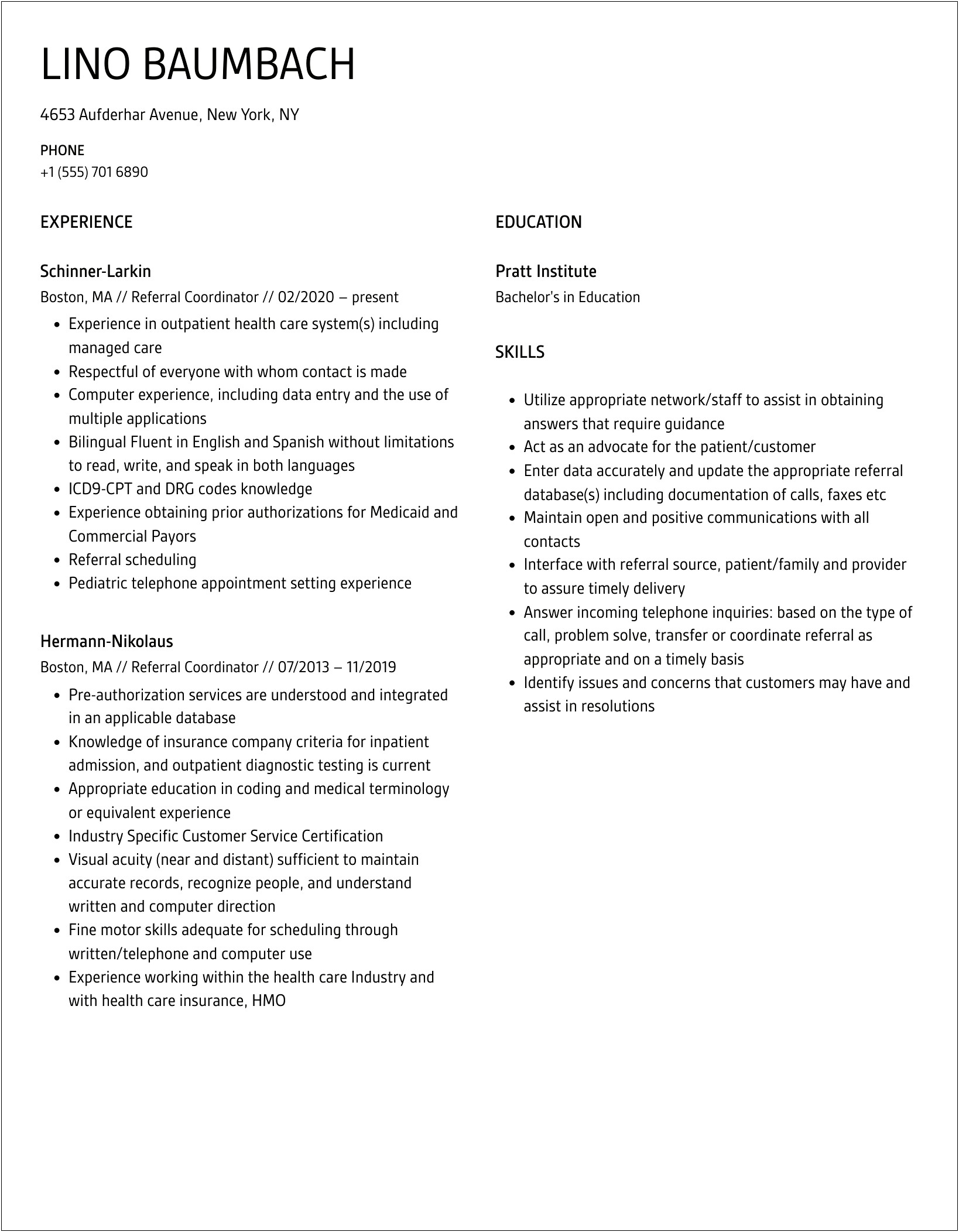 Sample Resume For Medical Referral Coordinator