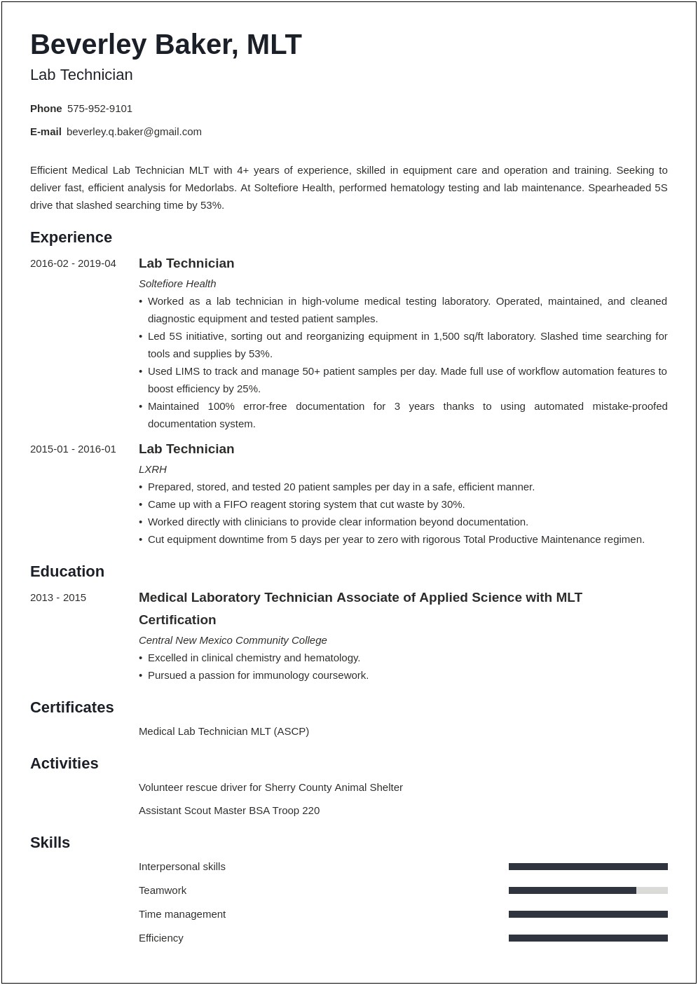 Sample Resume For Medical Technologist Pdf