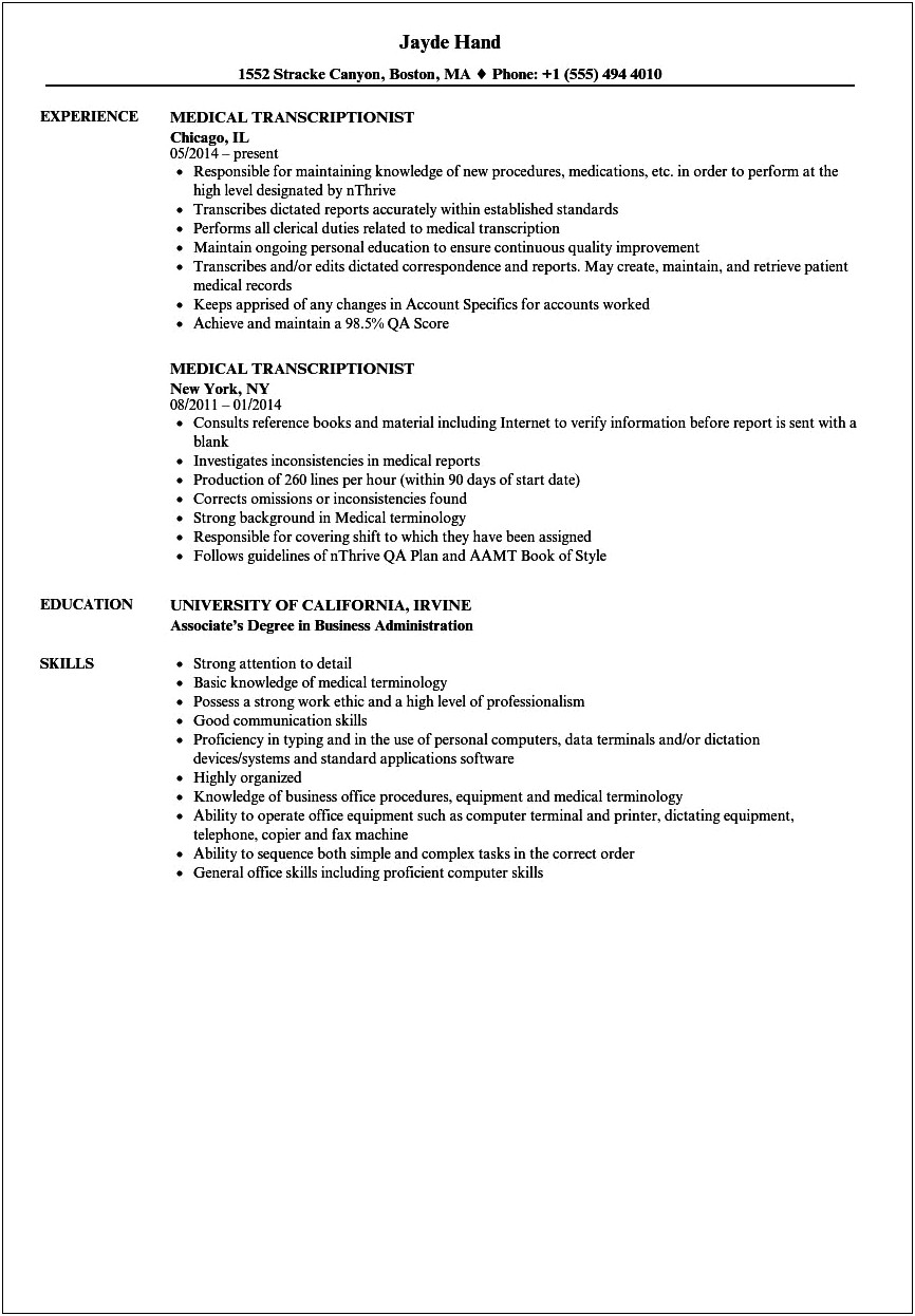 Sample Resume For Medical Transcriptionist With Experience