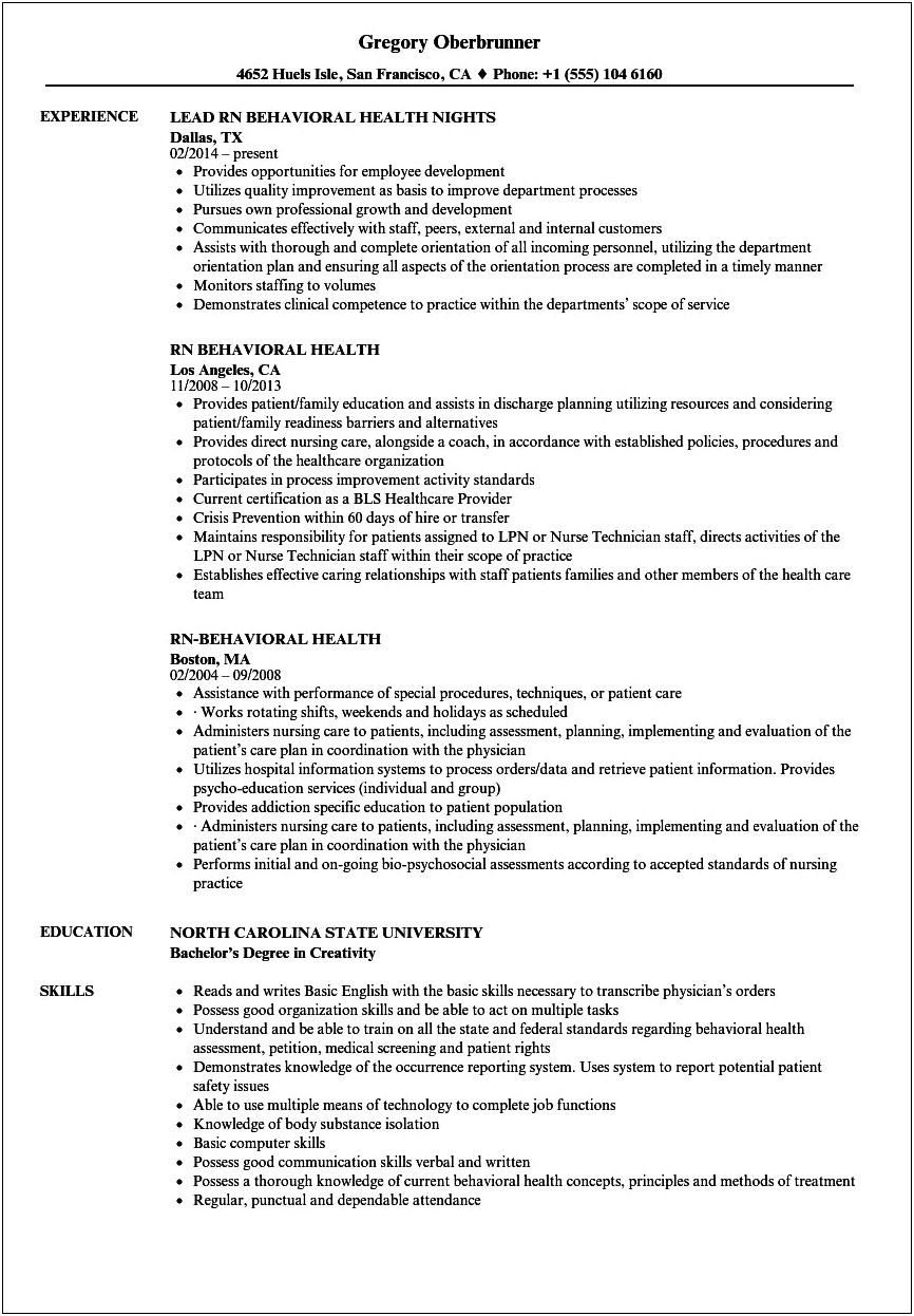 Sample Resume For Mental Health Specialist