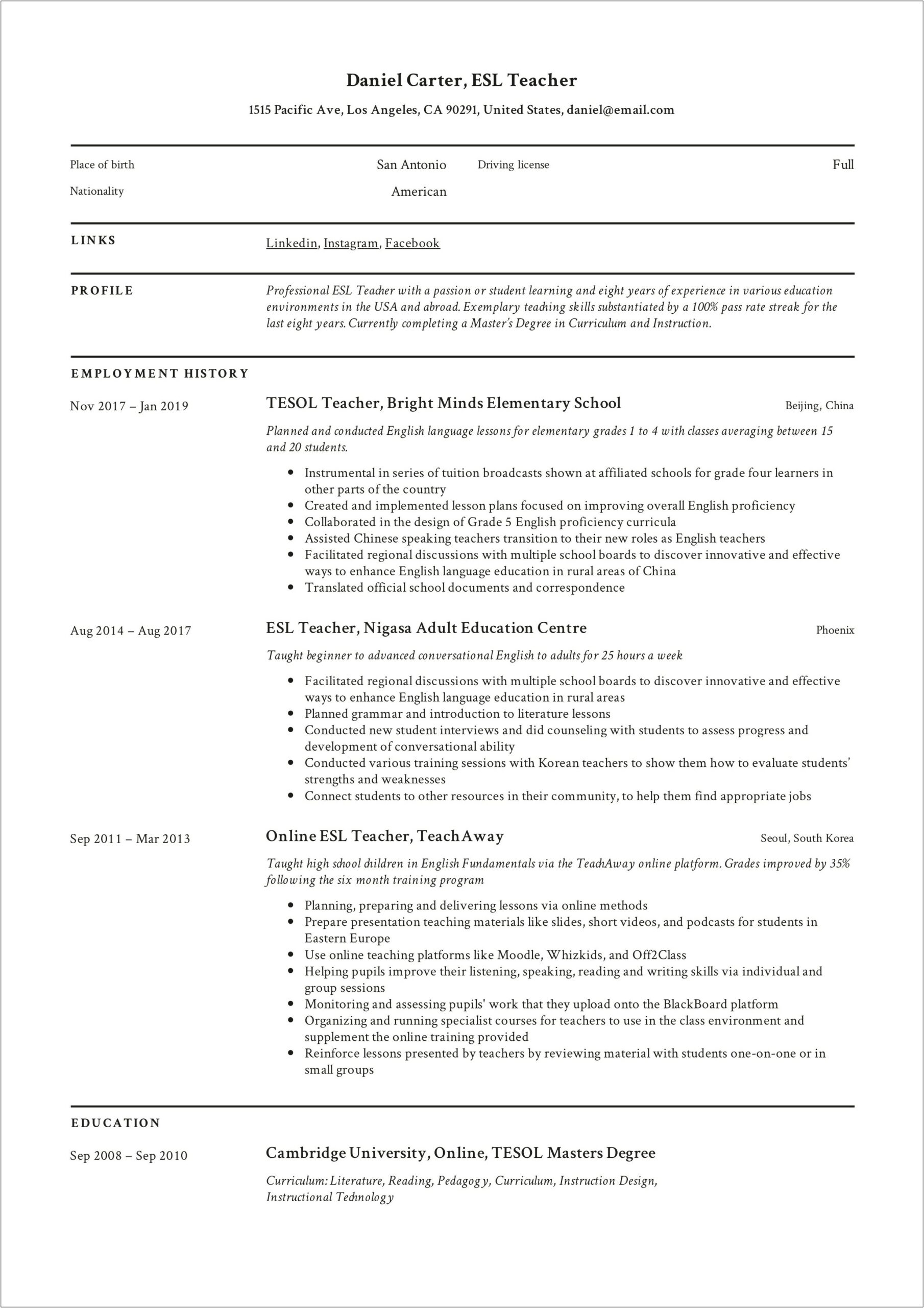 Sample Resume For Middle School Ell Teacher