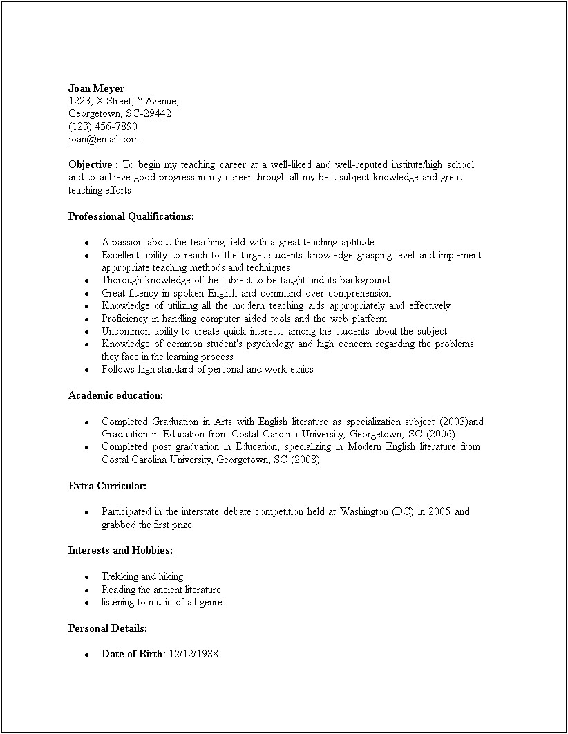 Sample Resume For Middle School English Teacher