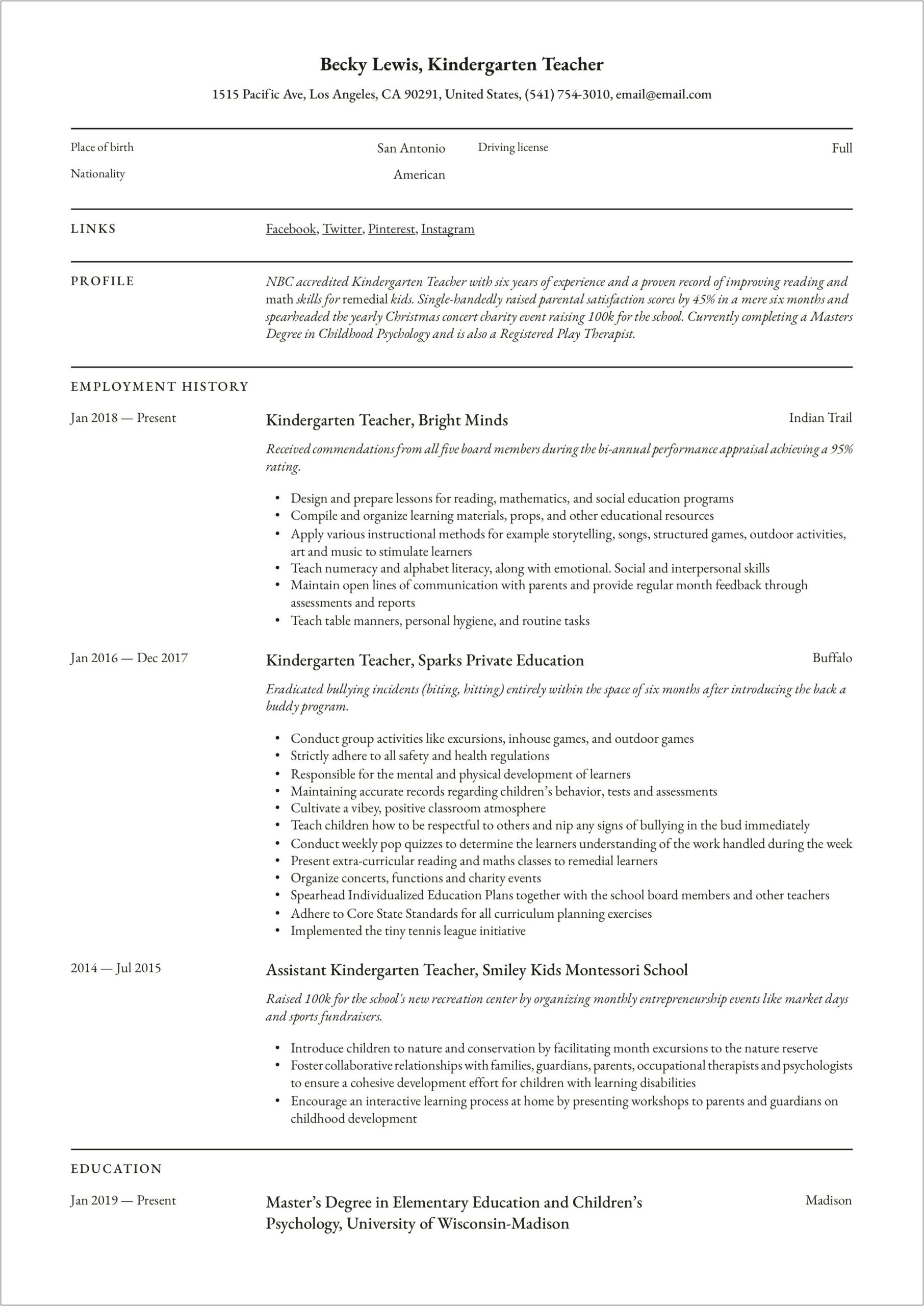 Sample Resume For Montessori Lead Teacher