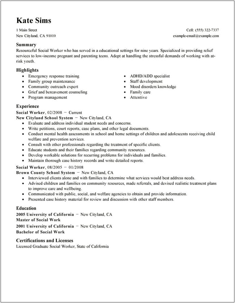 Sample Resume For Msw Social Worker