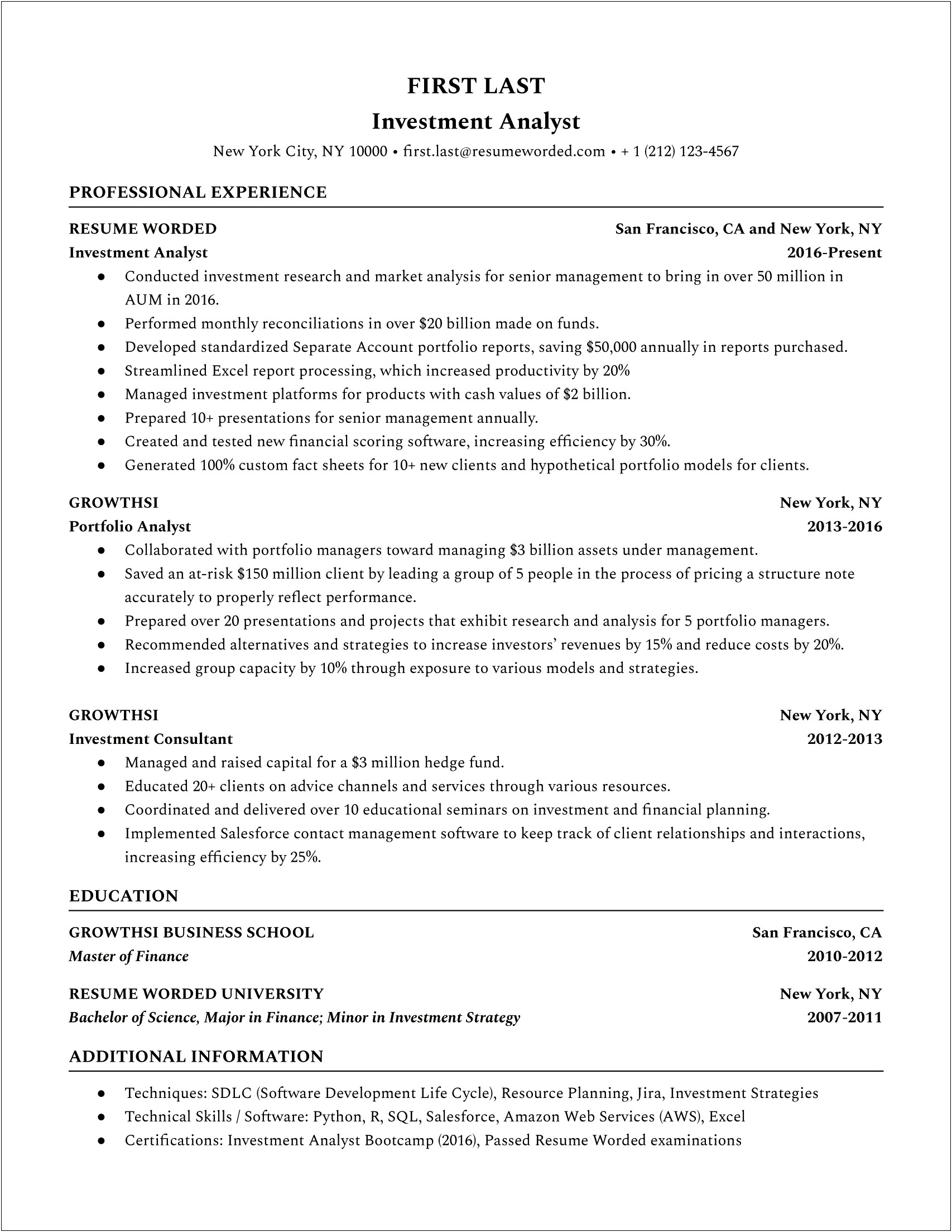 Sample Resume For Mutual Fund Analyst