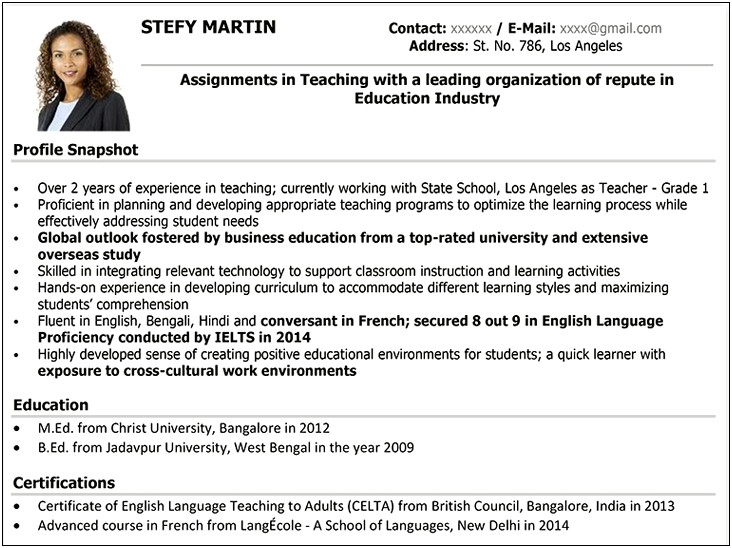 Sample Resume For New Teacher Applicant