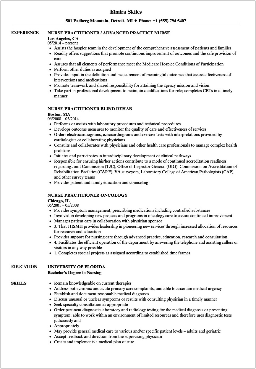 Sample Resume For Nurse Practitioner School