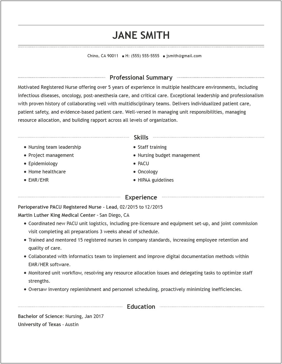 Sample Resume For Nurses Without Experience