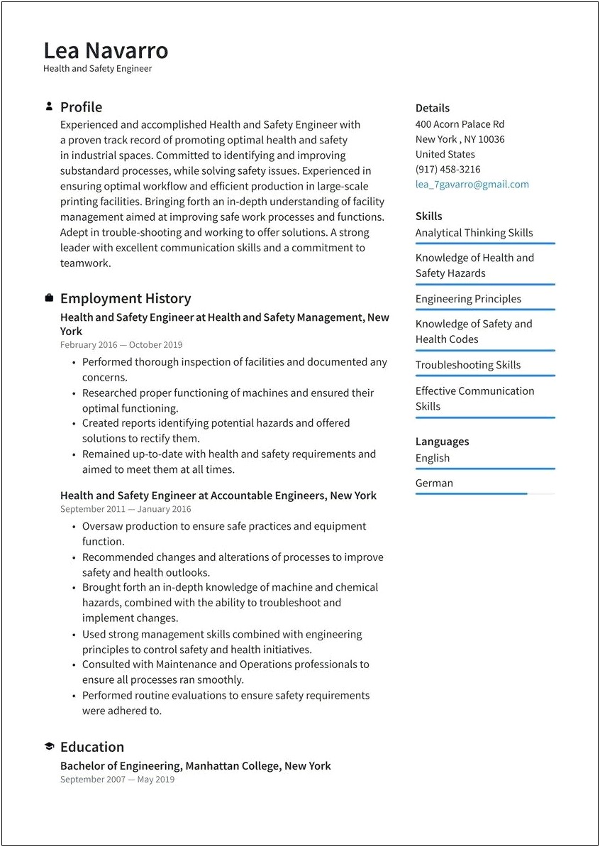 Sample Resume For Occupational Health And Safety
