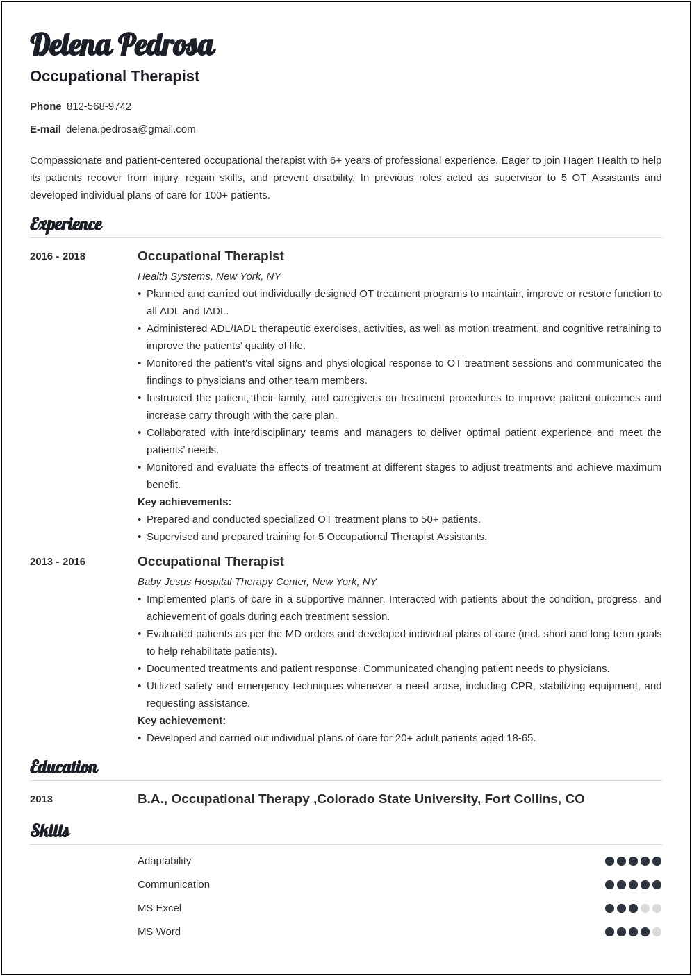 Sample Resume For Occupational Therapy Manager
