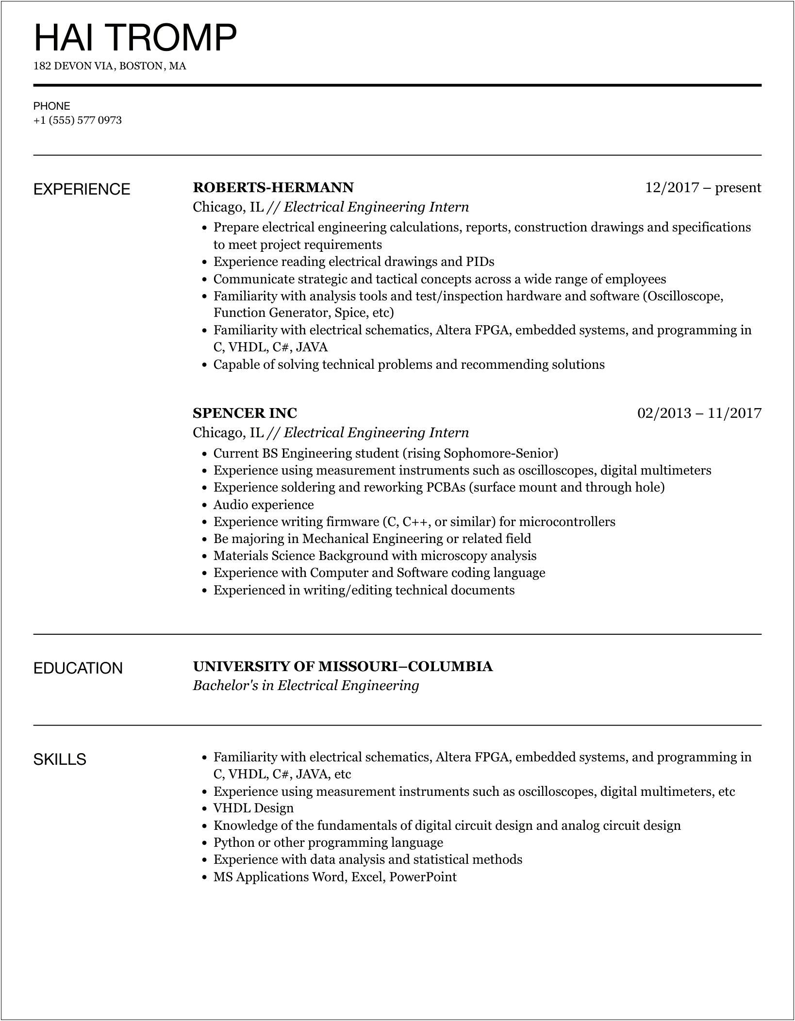 Sample Resume For Ojt Electrical Engineering Students