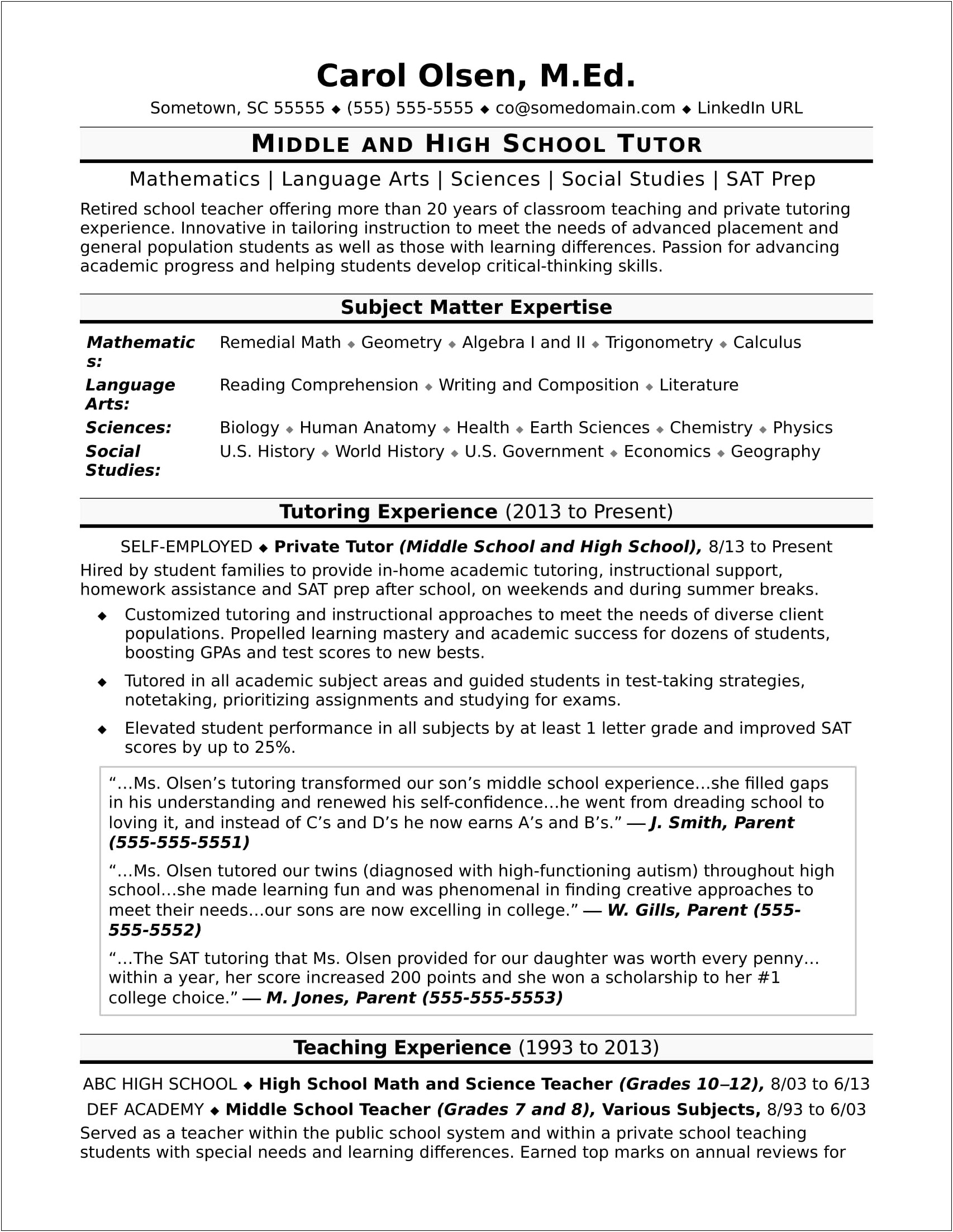 Sample Resume For Online English Tutor Without Experience