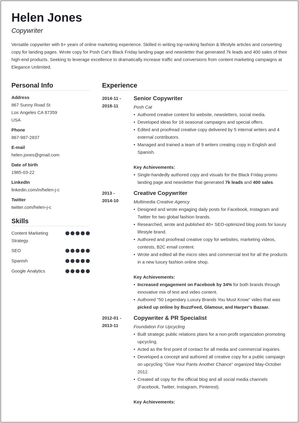 Sample Resume For Online Writing Job