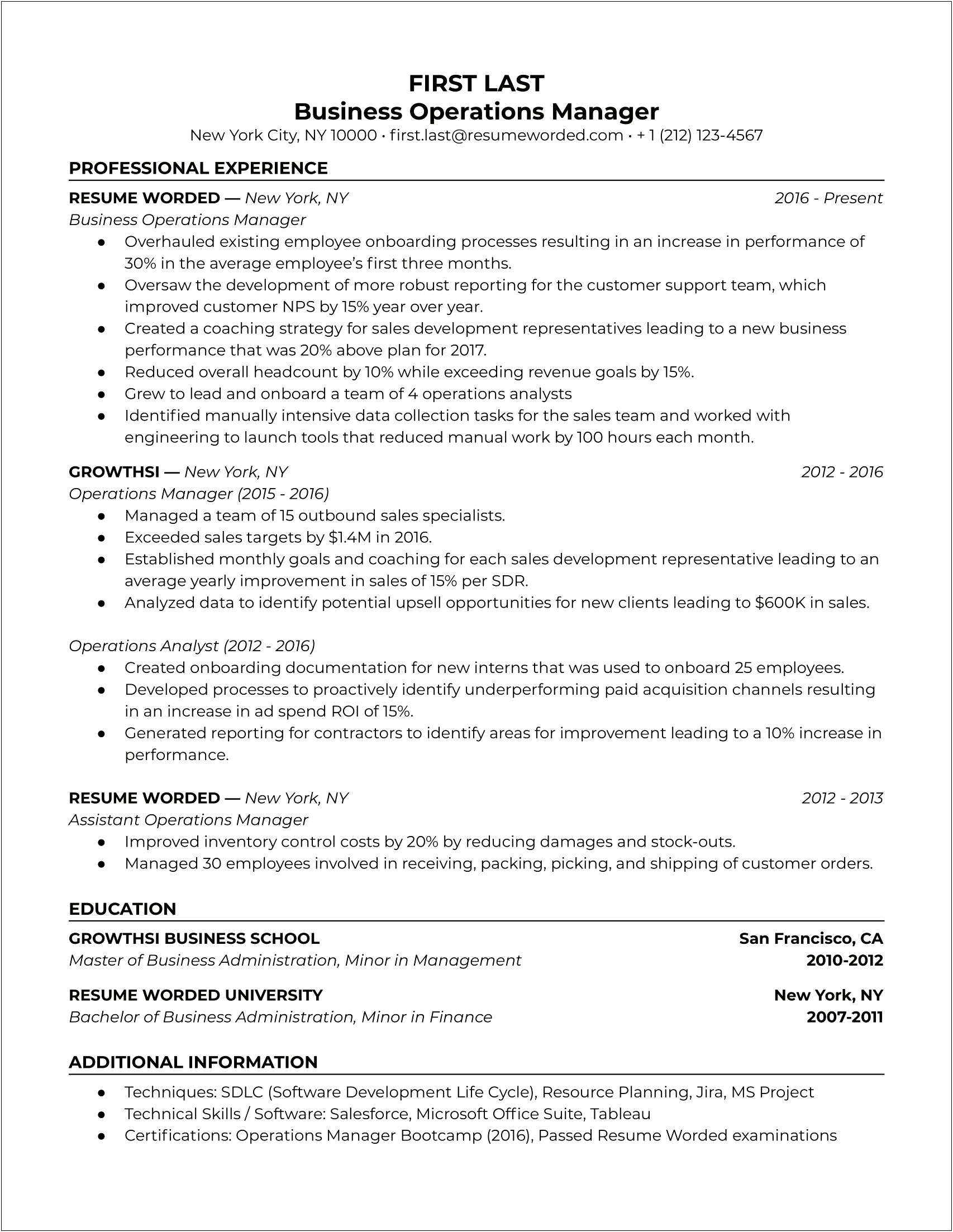 Sample Resume For Operations Manager In India