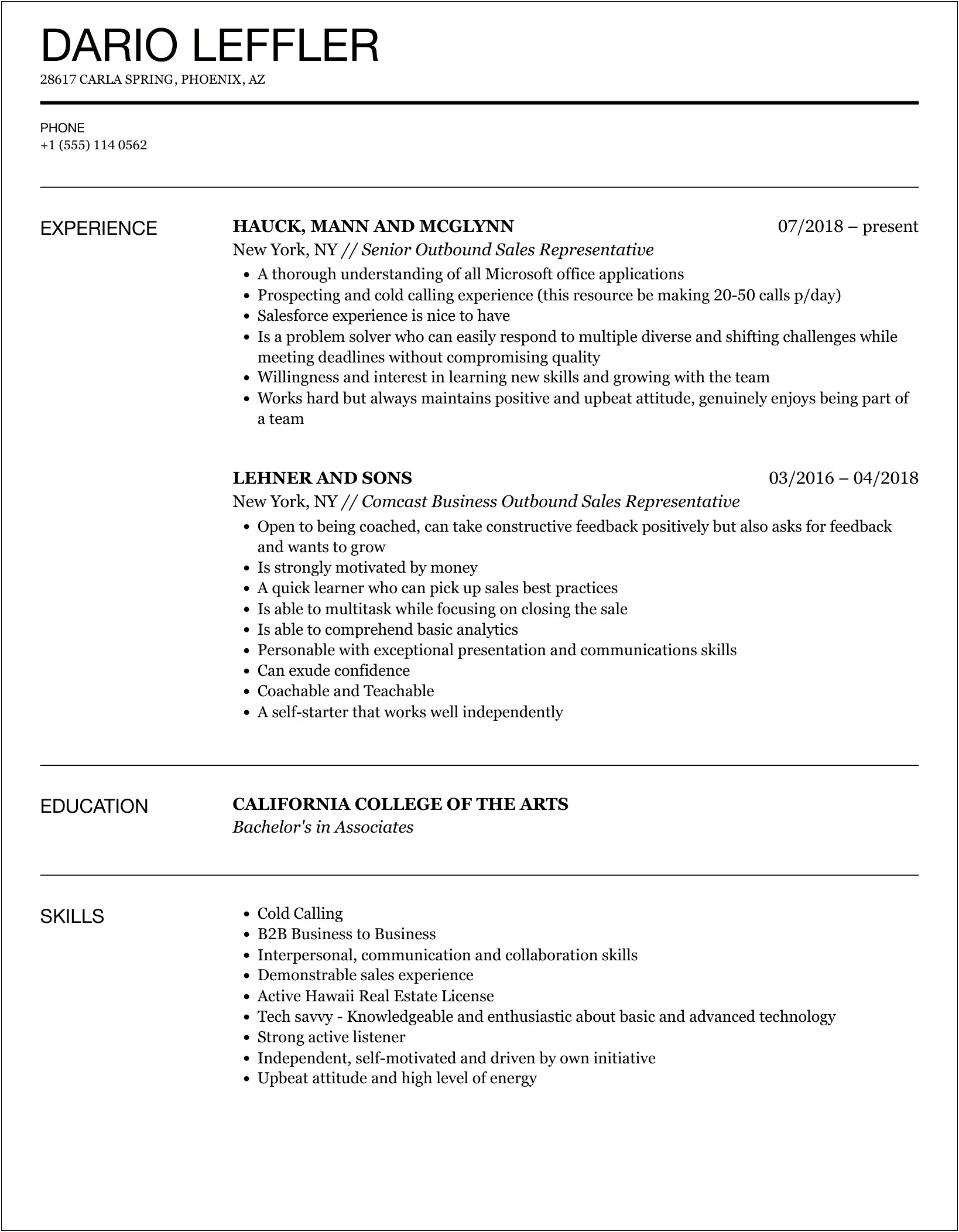 Sample Resume For Outbound Sales Agent