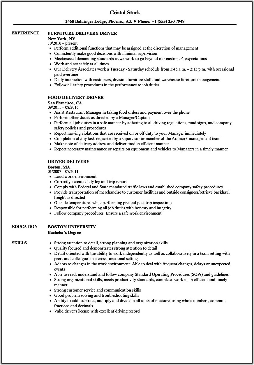 Sample Resume For Parts Delivery Driver
