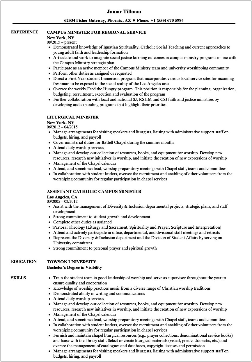 Sample Resume For Pastor Seeking Secular Job