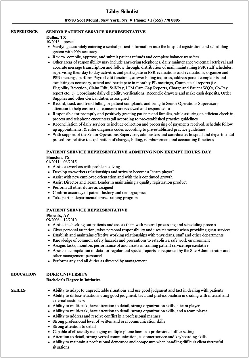 Sample Resume For Patient Service Representative