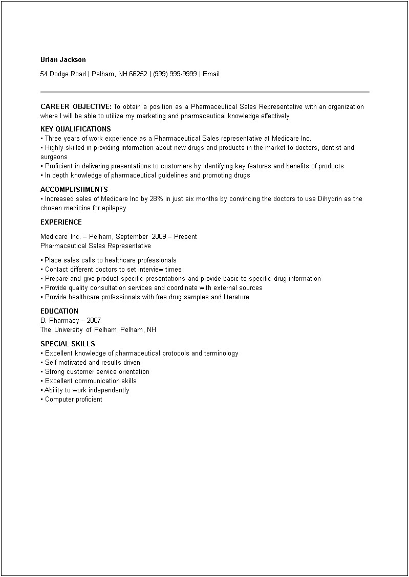 Sample Resume For Pharmaceutical Sales Representative