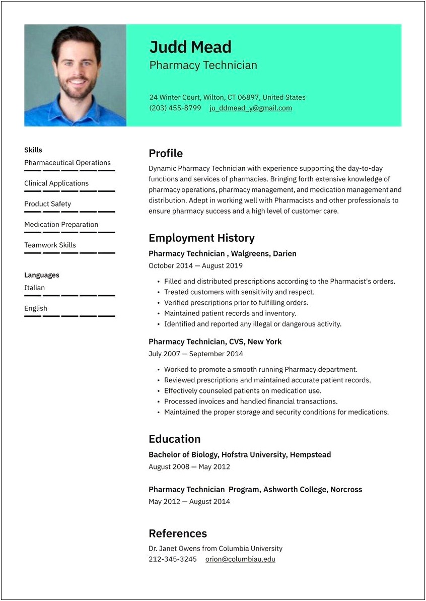 Sample Resume For Pharmacy Technician Trainee