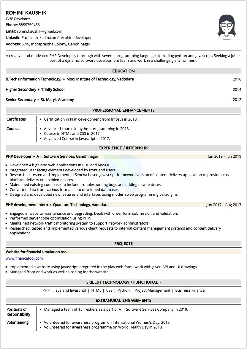Sample Resume For Php Developer Experienced