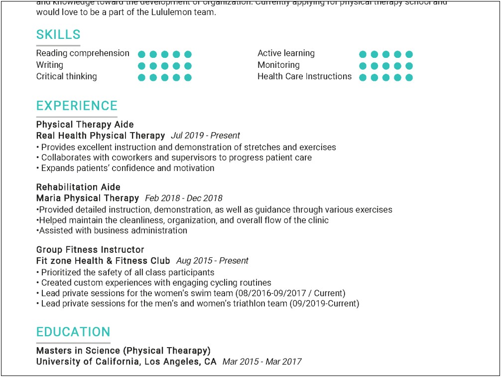 Sample Resume For Physical Therapy School