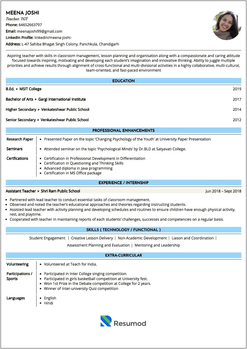Sample Resume For Physics Teachers In India