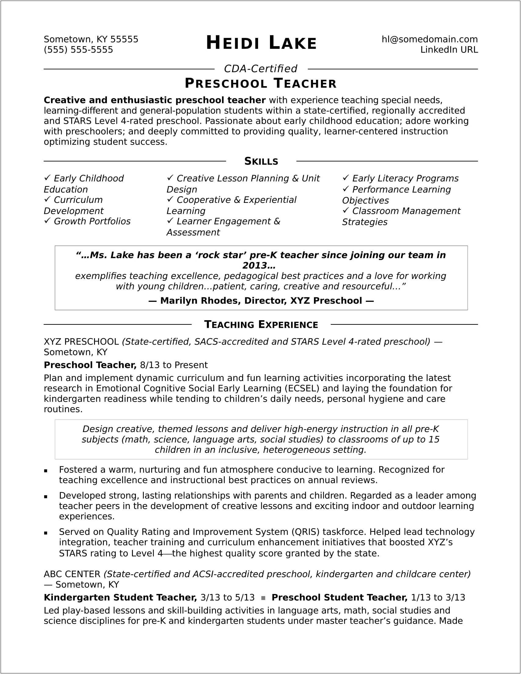 Sample Resume For Preschool Teacher Aide