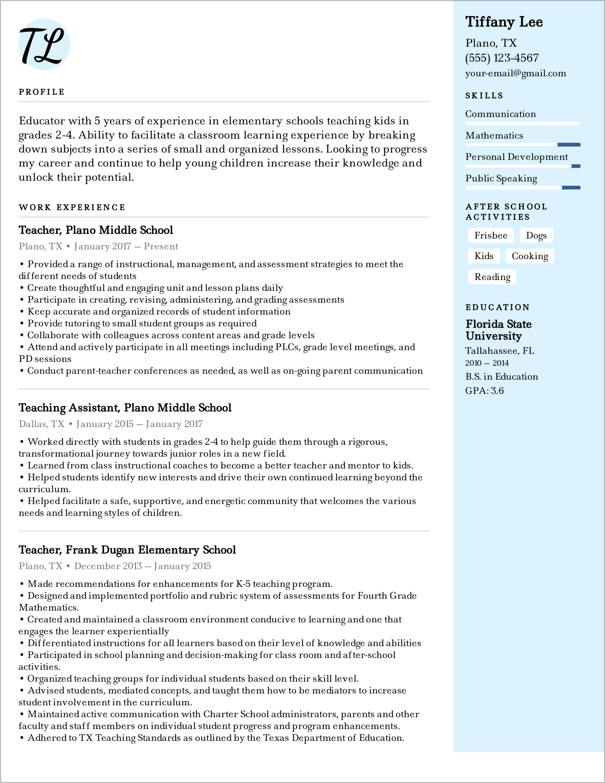 Sample Resume For Private School Teacher