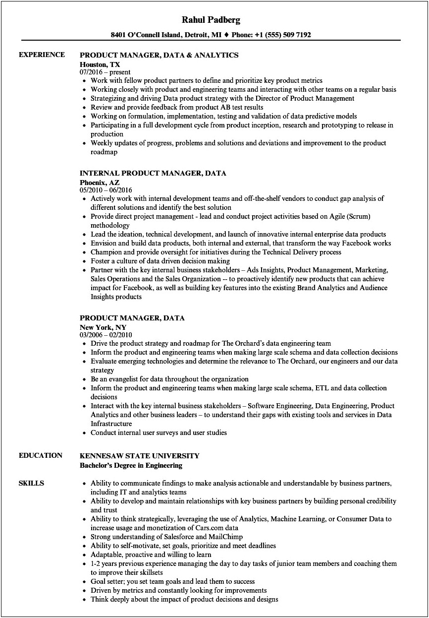 Sample Resume For Product Manager Analytics