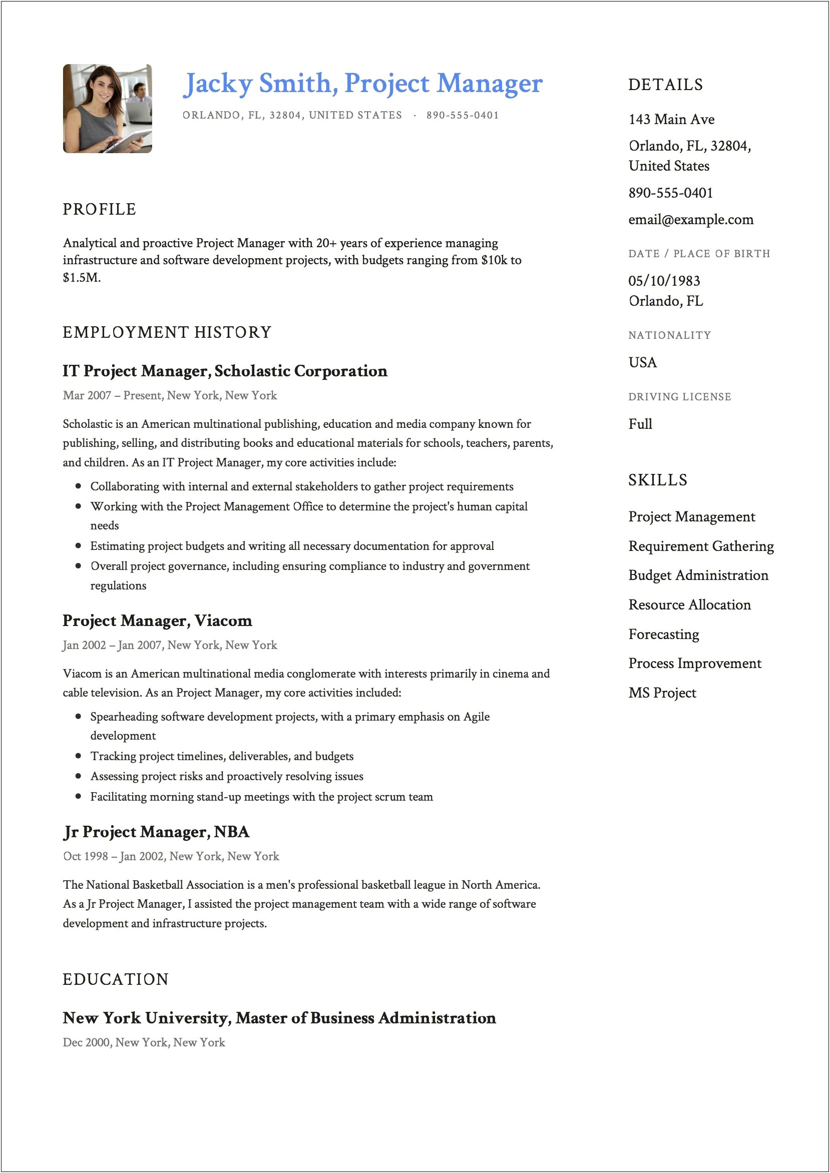 Sample Resume For Project Management Executive
