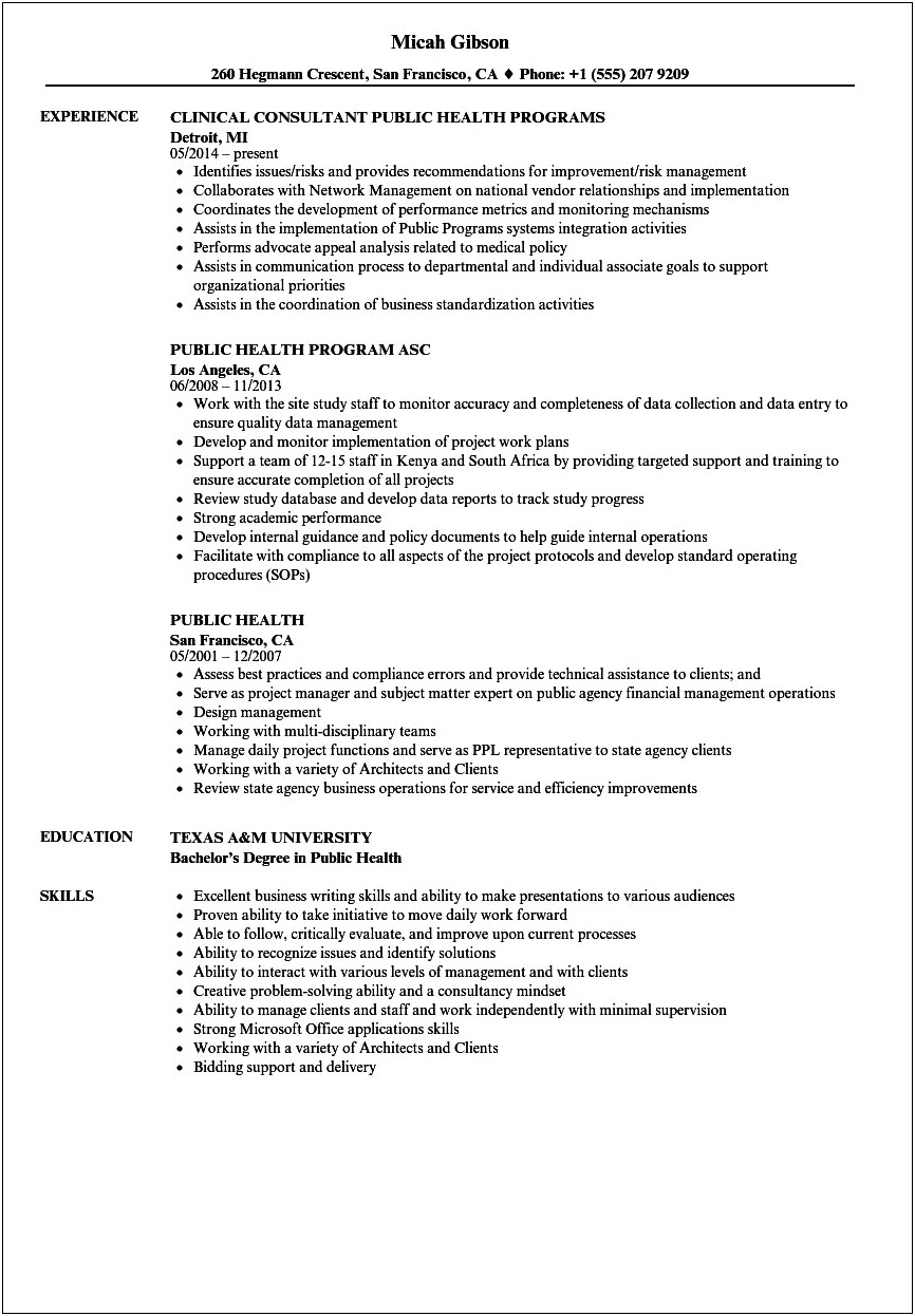 Sample Resume For Public Health Nurse