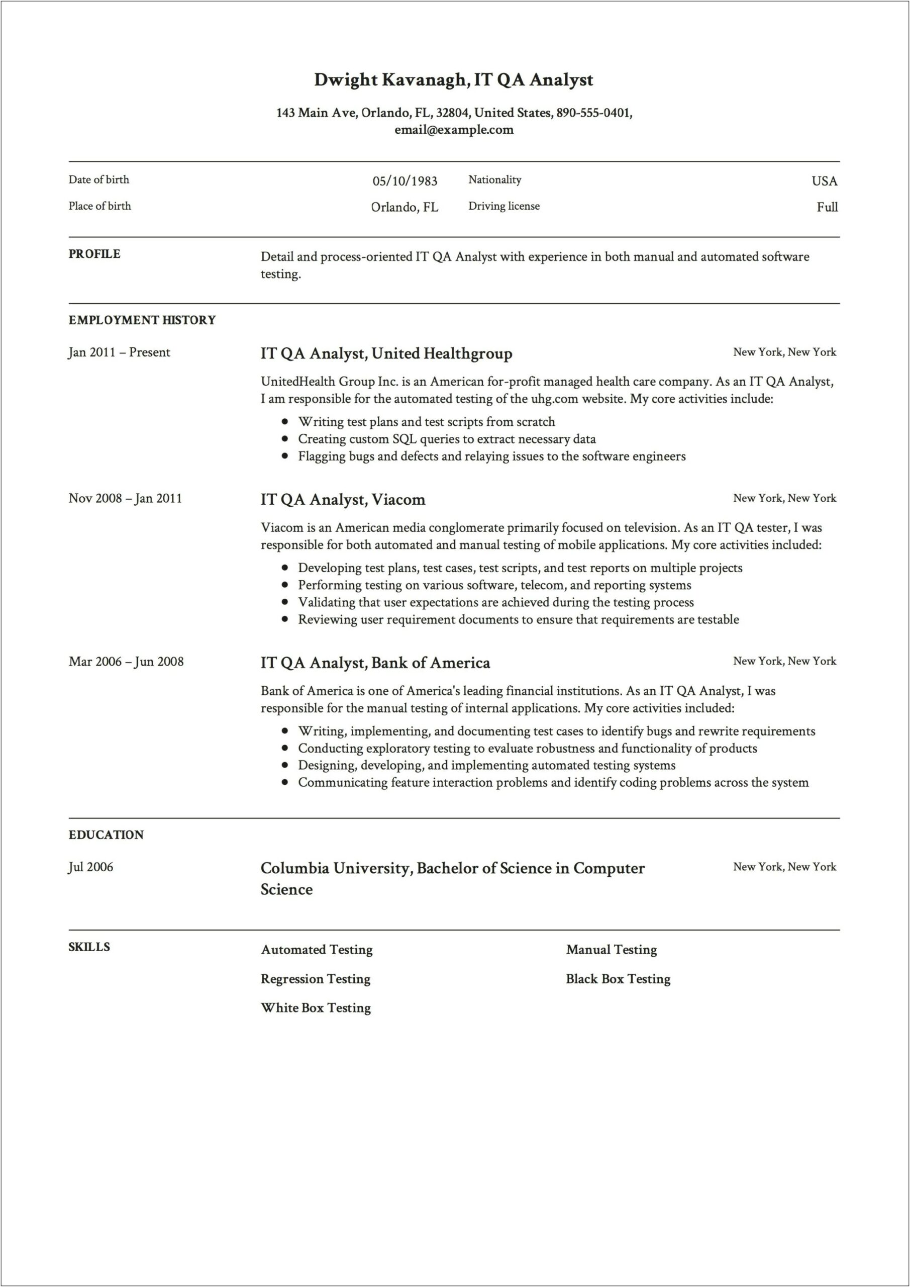 Sample Resume For Quality Analyst