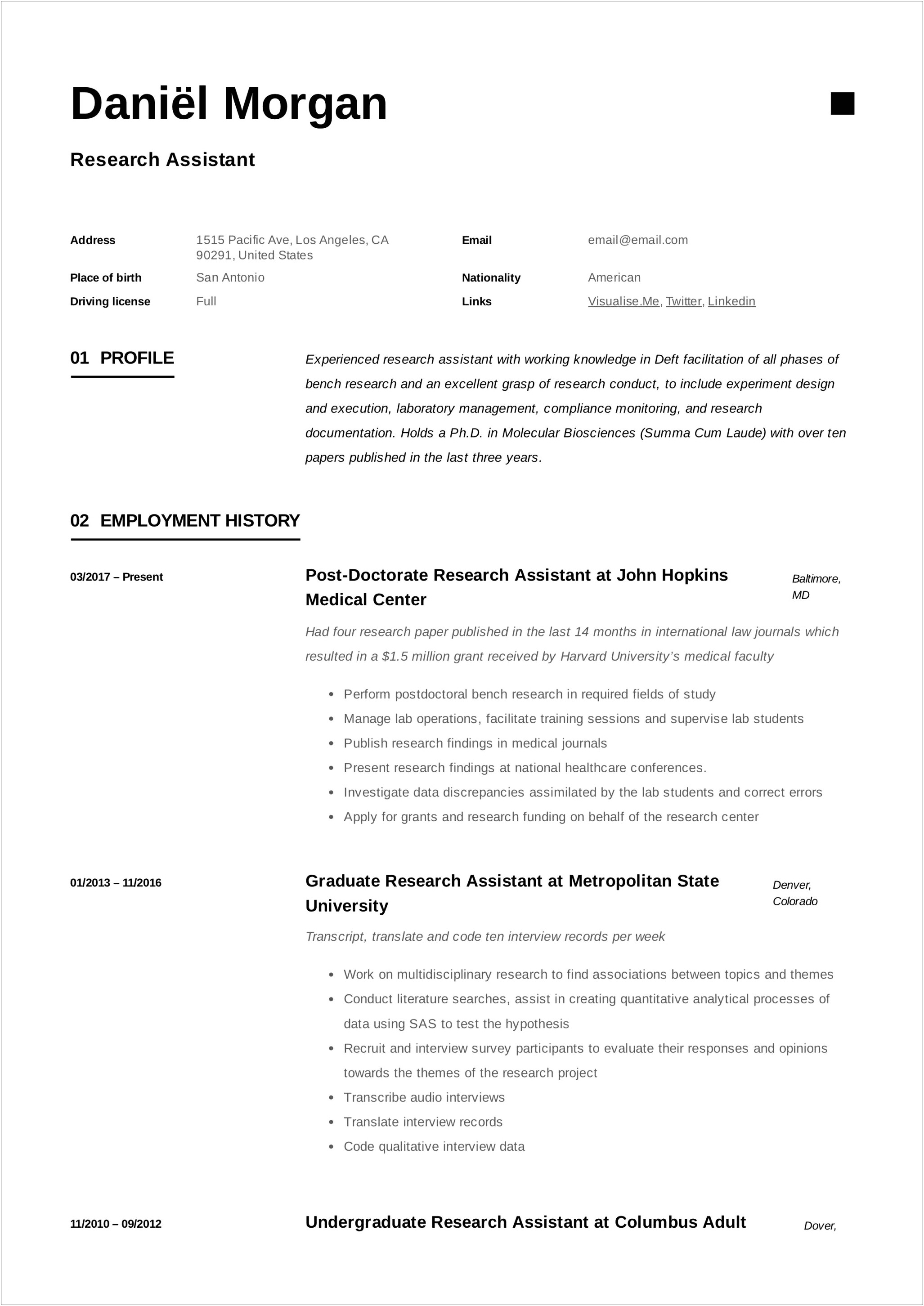 Sample Resume For Research Assistant Biology