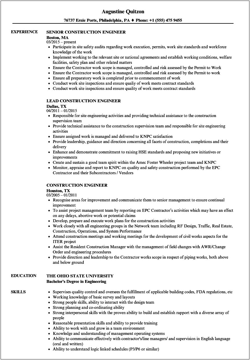 Sample Resume For Residential Construction Worker