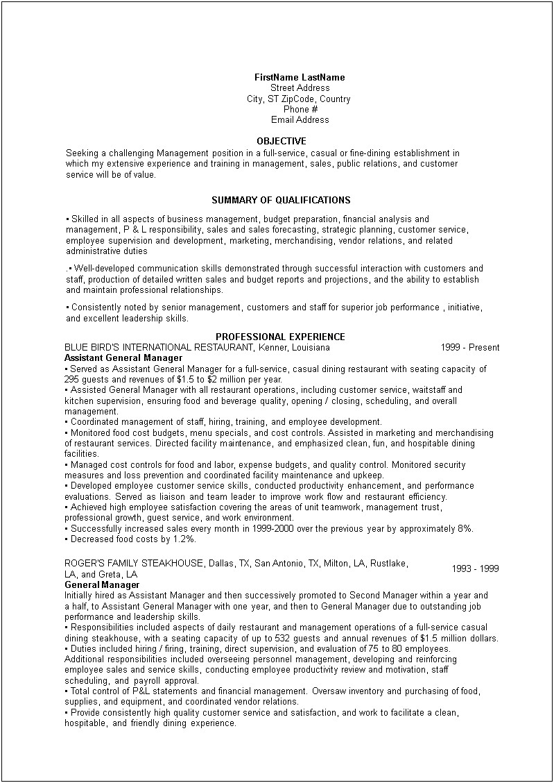 Sample Resume For Restaurant Manager Objectives