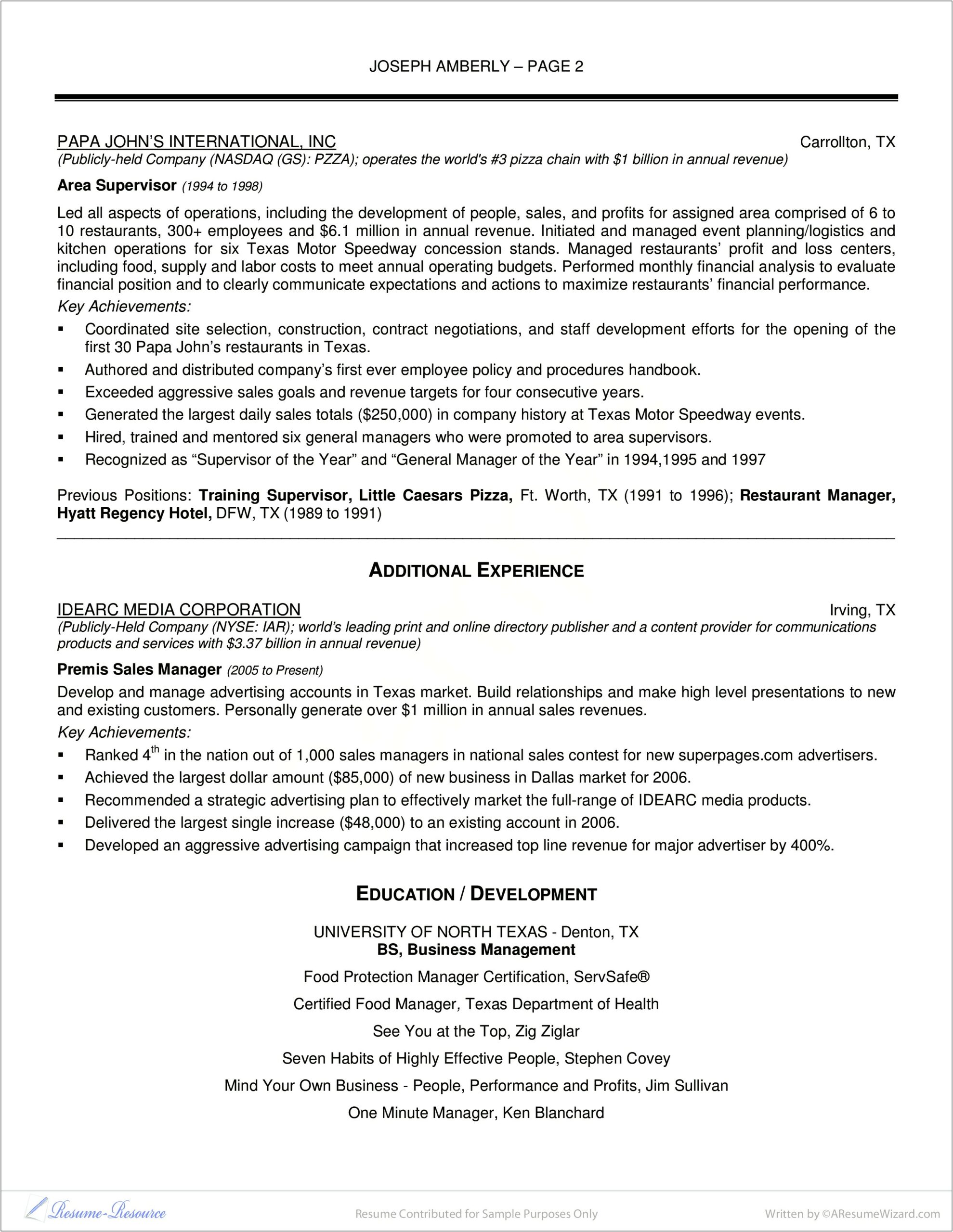 Sample Resume For Restaurant Manager Position