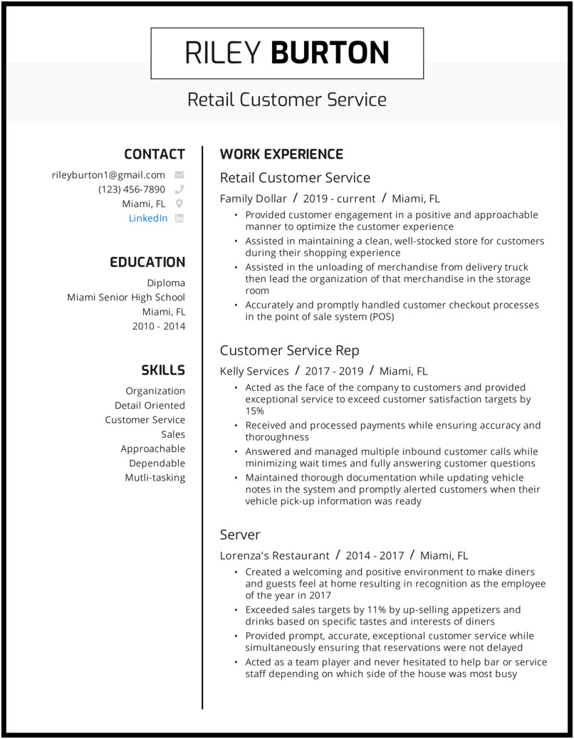 Sample Resume For Retail Position With No Experience