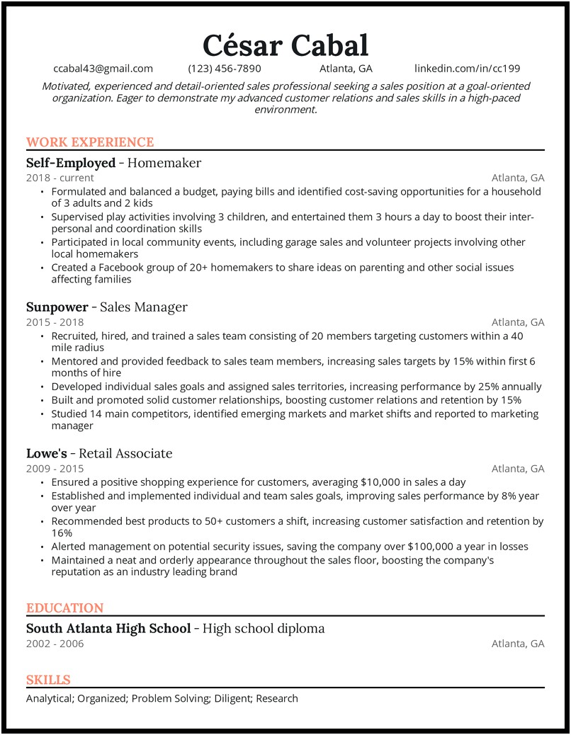 Sample Resume For Returning To The Workforce