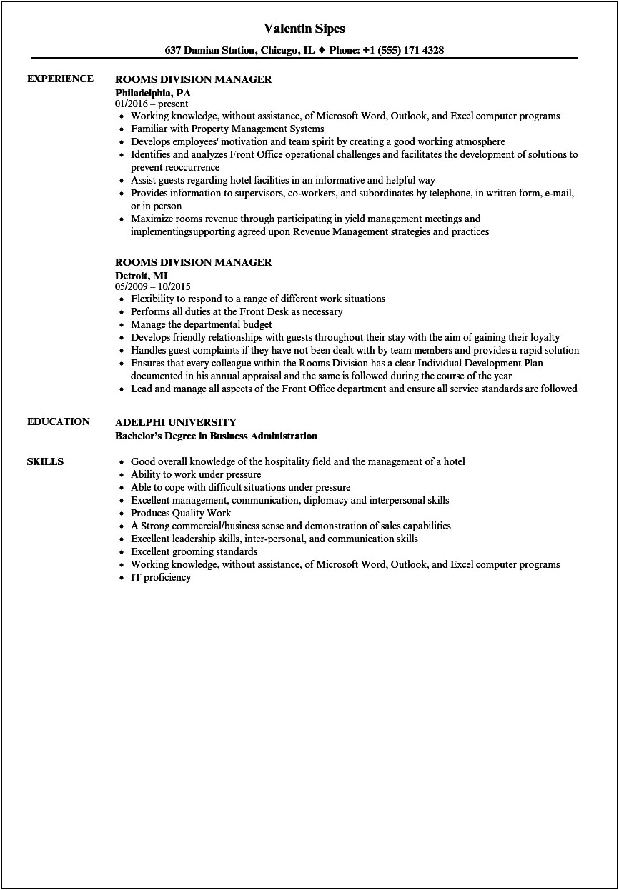 Sample Resume For Rooms Division Manager