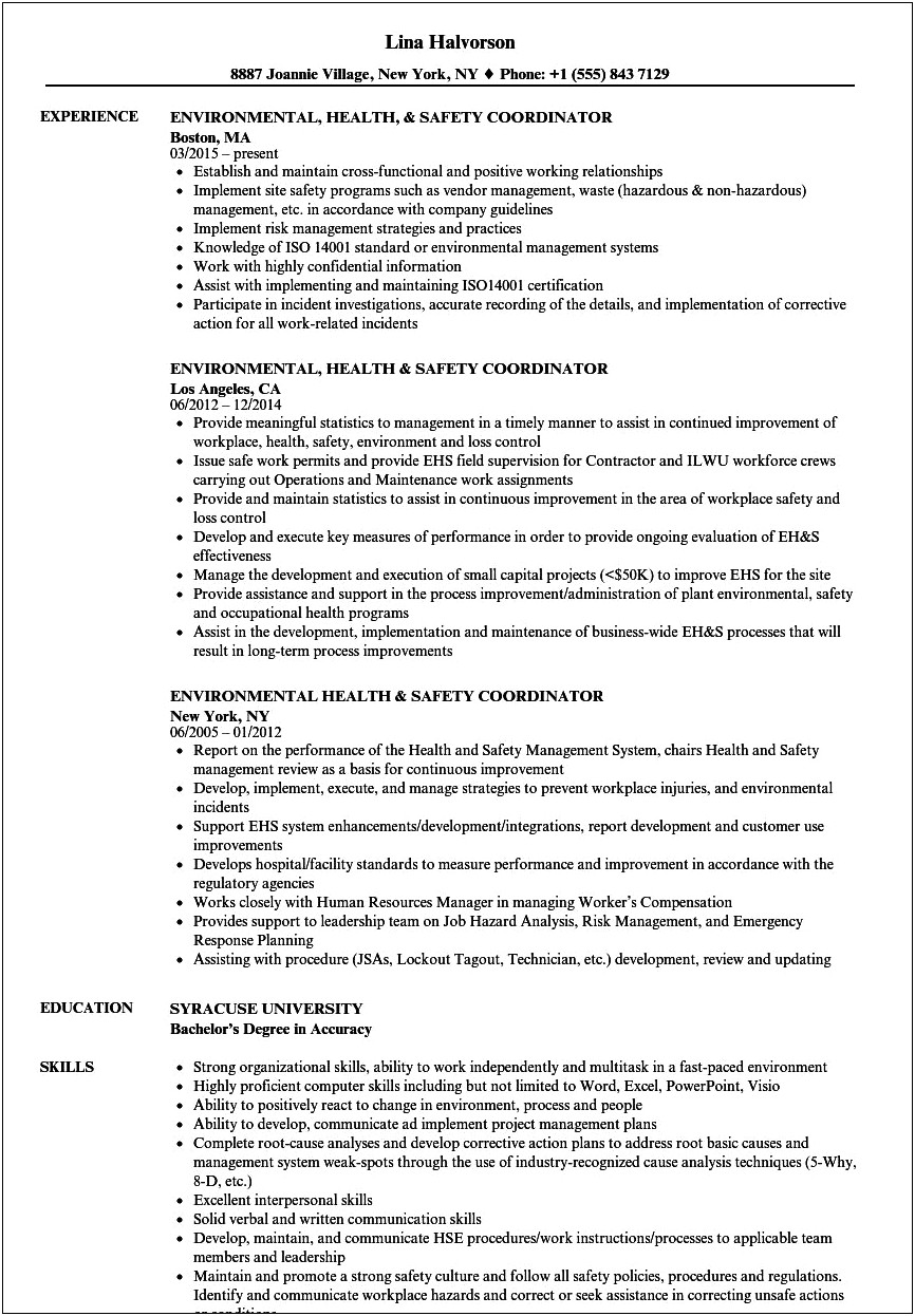 Sample Resume For Safety Coordinator In Singapore